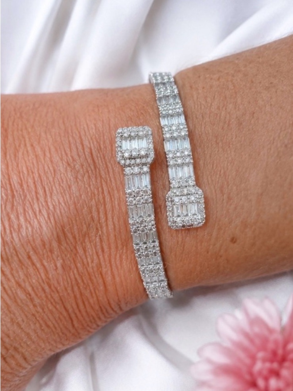 18kt gold plated, tarnish resistant Crystal Open Cuff Bracelet - White